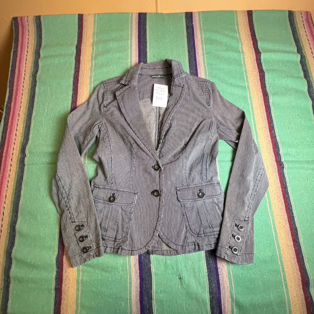 Eddie Bauer Blazer Womens Small Blue Hickory Stripe Denim Cotton Workwear Jacket